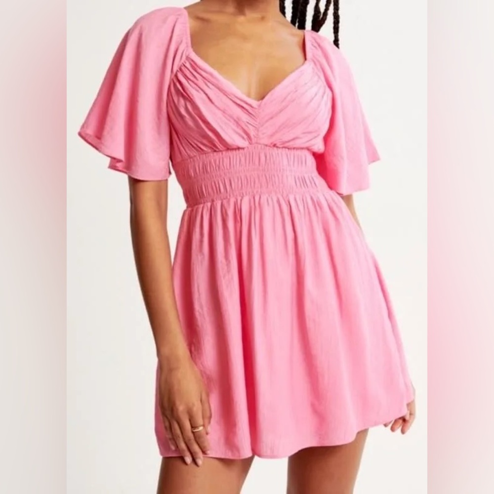 Abercrombie & Fitch Angel Sleeve Smocked Waist Mini Dress In Pink